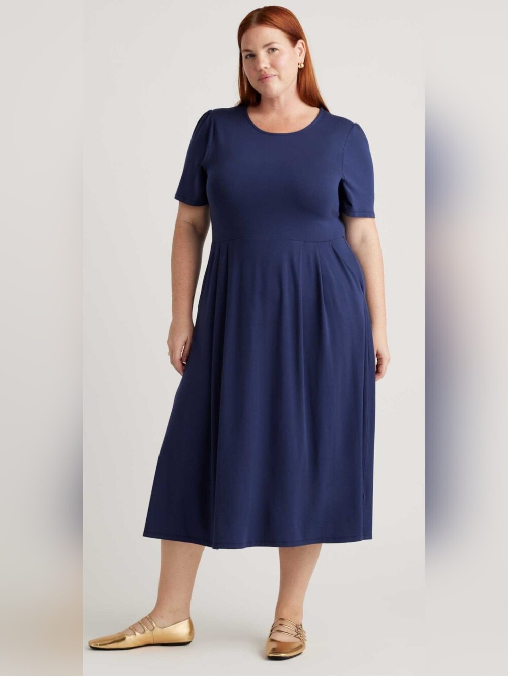 croft & barrow Navy Blue Fit&Flare Short Sleeve Midi Dress Cotton Blend XXL
